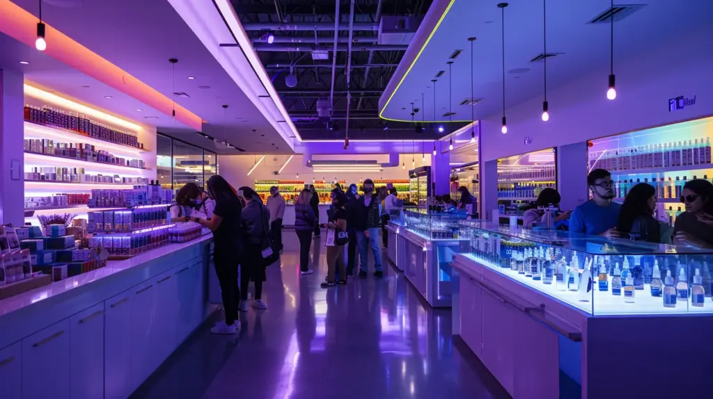 a bustling modern dispensary interior showcases satisfied customers exploring a diverse range of high-quality cannabis products, illuminated by bright overhead lights that accentuate the sleek design and knowledgeable staff engaged in conversations.