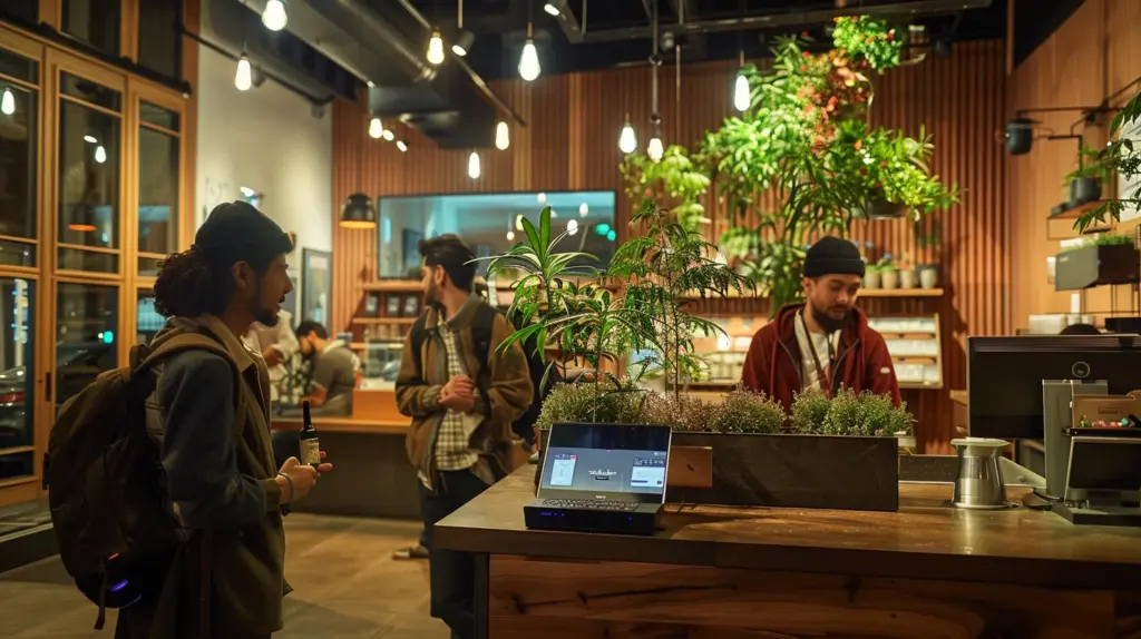 a bustling urban dispensary showcases diverse customers engaged in vibrant conversations, with distinct decor reflecting local culture that emphasizes the contrast to a quieter, rustic rural dispensary adorned with simpler, homey elements, visually portraying the regional differences in customer experiences.