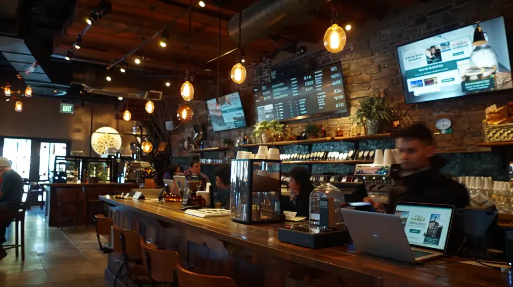 a focused urban coffee shop scene showcases a diverse group of customers engaged in animated discussions, with laptops open and review websites displayed on screens, highlighting the importance of evaluating dispensary reviews in a modern, tech-savvy environment.