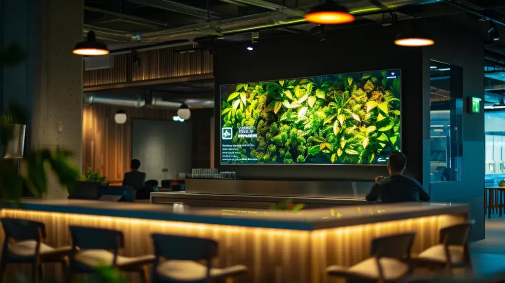 a modern, vibrant office space features a large digital screen displaying user-generated reviews and ratings for dispensaries, with professionals engaged in analysis and discussion, highlighting the pivotal role of customer feedback in decision-making.
