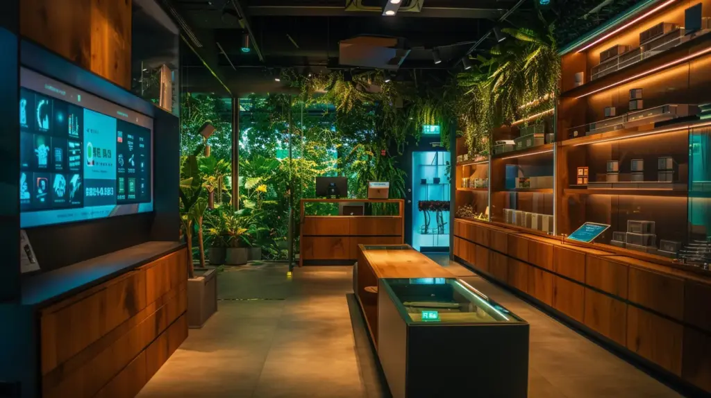 a sleek, futuristic dispensary interior showcases interactive digital displays and smart technology, highlighting the innovative customer engagement strategies shaping future user experiences amidst modern, sustainable design elements.