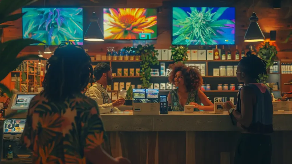 a vibrant indoor dispensary scene showcasing a diverse group of satisfied customers engaging at a sleek counter, with eye-catching loyalty program signage prominently displayed, reflecting a warm atmosphere of trust and community engagement.