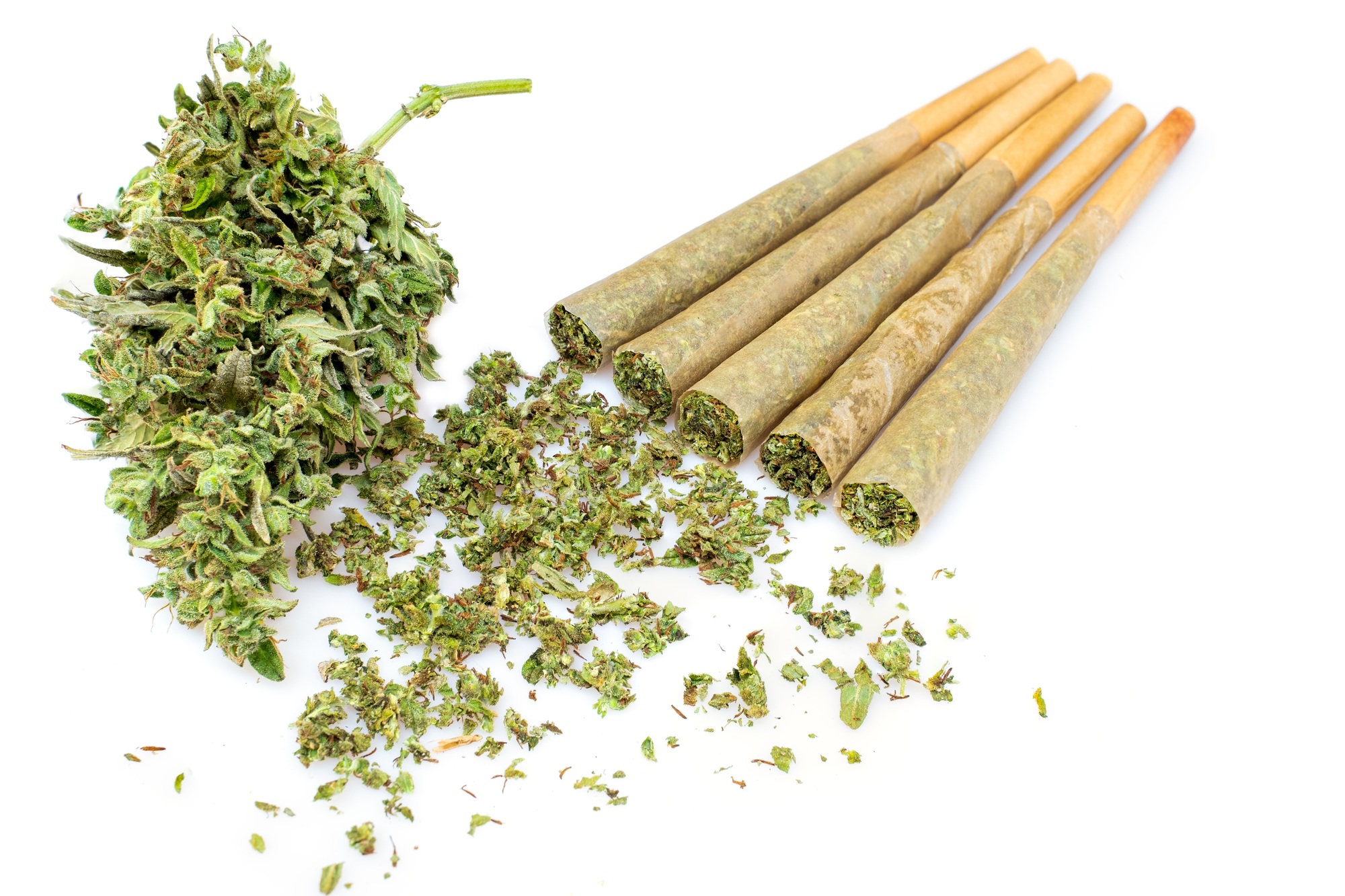 Marijuana joint pre-rolled cone paper on white background, roll paper cannabis